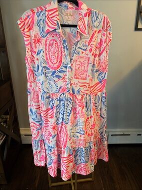 Lilly Pulitzer Sleeveless Collared Pink & Blue Printed Shirt Dress Size L